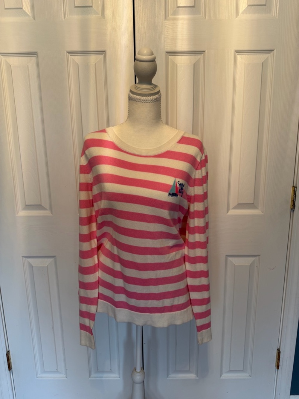 J. Crew Pink and White Striped Crewneck Sweater